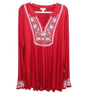 One World Red Floral Printed Boho Tunic Top Shirt Women Plus Size 2X Long Sleeve